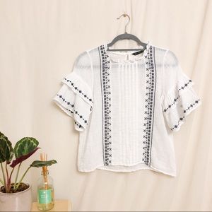 Zara Embroidered Ruffle Linen Top SIZE SMALL